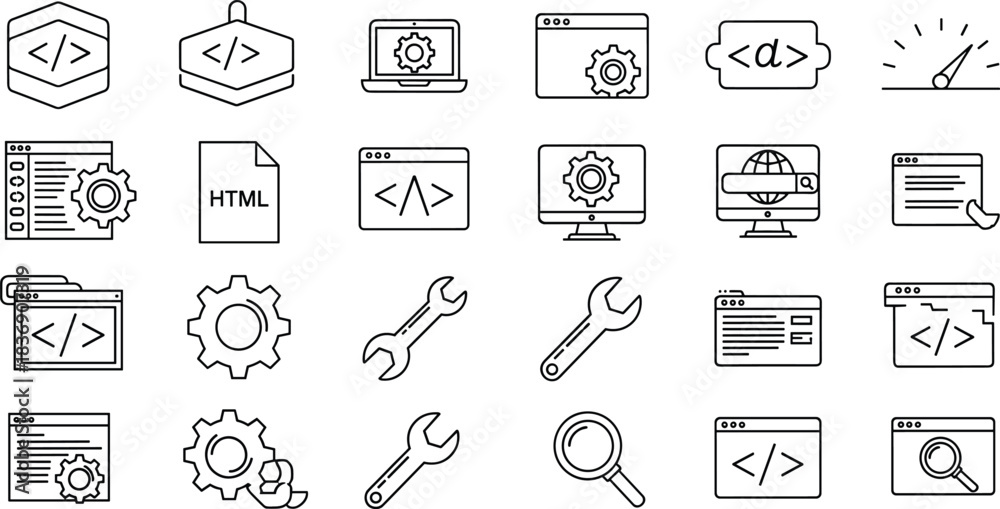 Fototapeta premium Web development icons featuring coding tools, HTML files, browser windows, programming interfaces, gear settings, debugging symbols, optimization tools, and front-end engineering concepts