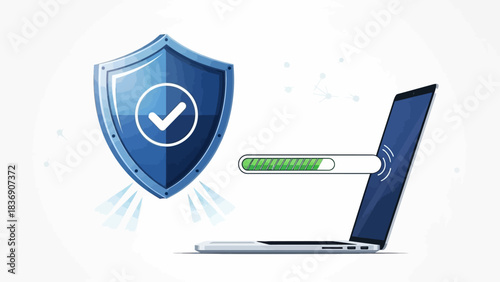 Shield with checkmark. Laptop with progress bar. Vector illustration of security and protection. Cyber security concept. Technology and safety. Blue shield icon. White background. Modern