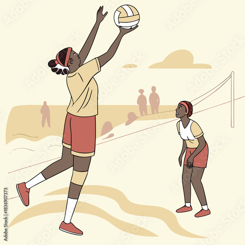 Volleyball Action: Dynamic illustration captures the energy of a beach volleyball game, showcasing athleticism and teamwork.