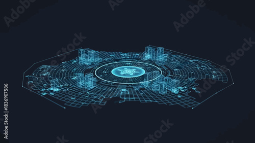 Futuristic cityscape. Neon blue wireframe illustration. Dark background. Urban landscape. Virtual city. Digital architecture. Blueprint design. Glowing lines. Circuit board pattern. Vector