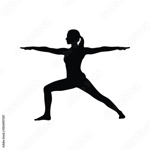Warrior II yoga pose silhouette, woman practicing asana, fitness exercise, health wellness vector