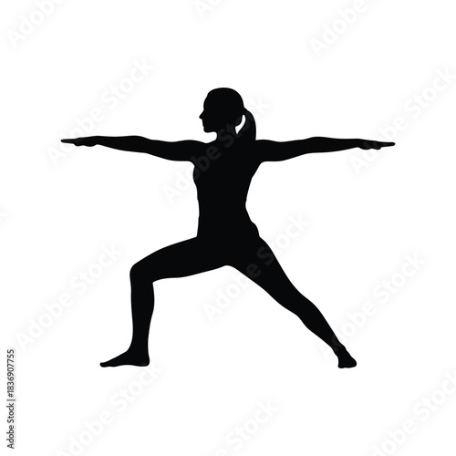 Warrior II yoga pose silhouette, woman practicing asana, fitness exercise, health wellness vector