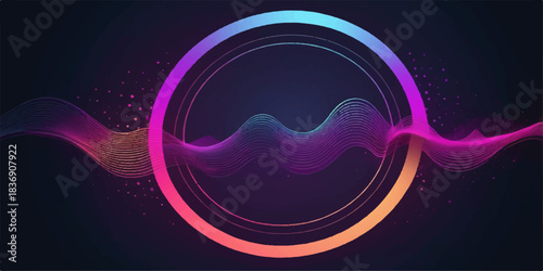 Abstract music background vector illustration with glowing neon wave lines and purple-pink fractal color design
