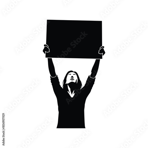 Protester holding blank sign vector, woman activist silhouette, protest, demonstration, political rally graphic
