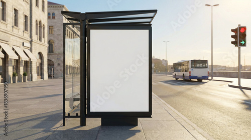 Bus Stop Billboard Mockup. City Bus Stop Billboard Mockup for Outdoor Advertisement Display. Blank Vertical Advertising Billboard at Modern City Bus Stop Shelter on Sunny Day with Street Traffic