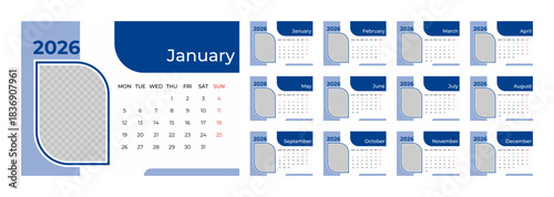 2026 Desk Calendar Template with Photo Space Landscape Format. Week Starts on Monday