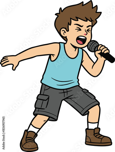 Energetic young boy singing passionately into microphone, pop performance, cartoon vector illustration, youth music, expressive pose, stage energy dynamic style