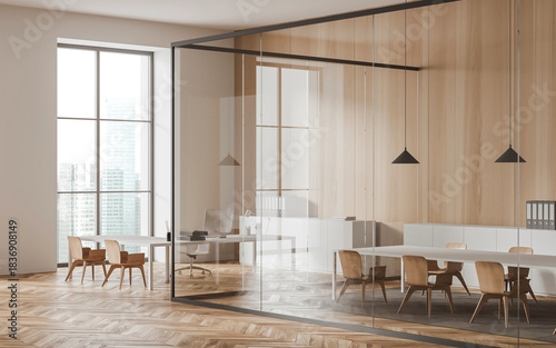 Contemporary office interior featuring wood panel walls, glass partitions, and modern furniture on a bright cityscape background. Concept of workspace design. 3D Rendering