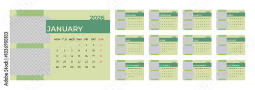 2026 Desk Calendar Template with Photo Space Landscape Format. Week Starts on Monday