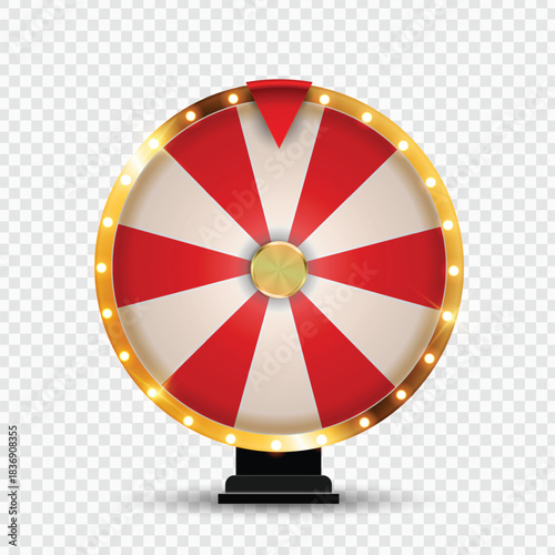 Realistic rendering of a classic fortune wheel with red and white segments on transparent background