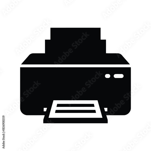 Office printer machine silhouette icon, document printing, copying, faxing equipment vector
