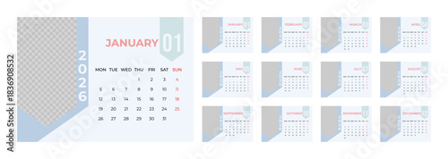 2026 Desk Calendar Template with Photo Space Landscape Format. Week Starts on Monday