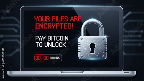 Ransomware attack on laptop. Encrypted files message. Bitcoin payment demand. Cyber attack warning. Locked padlock icon. Hacker threat notification. Black background. Vector illustration.
