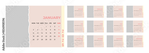 2026 Desk Calendar Template with Photo Space Landscape Format. Week Starts on Monday