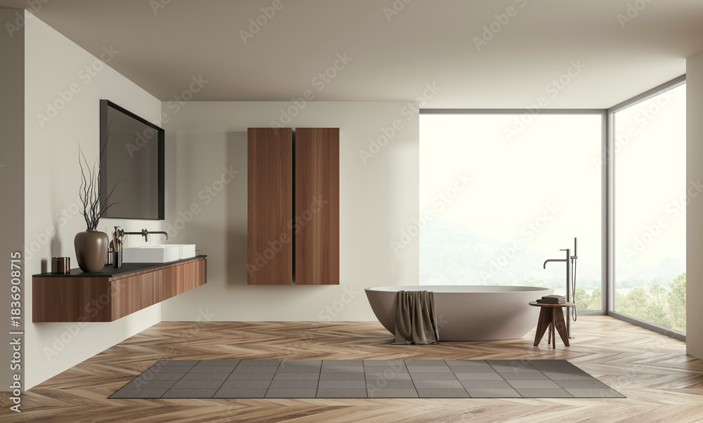 Obraz premium Contemporary bathroom interior with wood textures, minimalist design style, large window background, concept of serene modern living. 3D Rendering