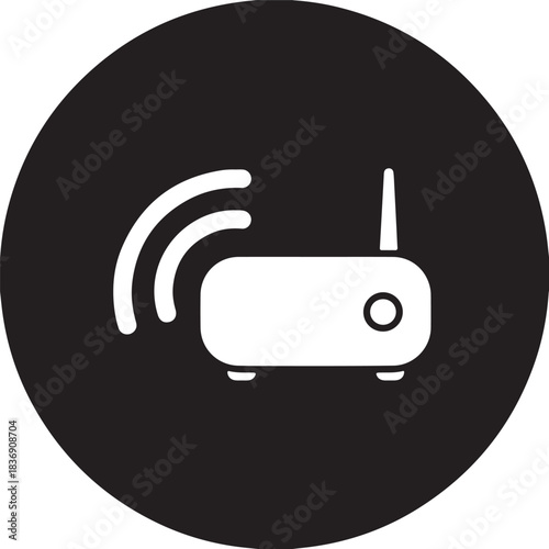 White wifi router icon with signal waves black circle background