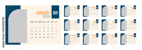 2026 Desk Calendar Template with Photo Space Landscape Format. Week Starts on Monday