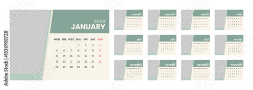 2026 Desk Calendar Template with Photo Space Landscape Format. Week Starts on Monday
