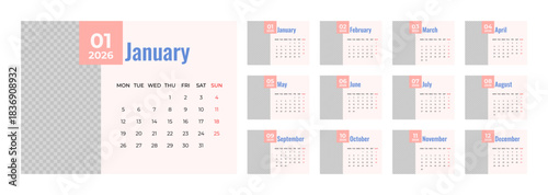 2026 Desk Calendar Template with Photo Space Landscape Format. Week Starts on Monday