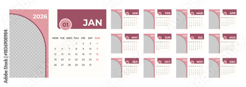 2026 Desk Calendar Template with Photo Space Landscape Format. Week Starts on Monday