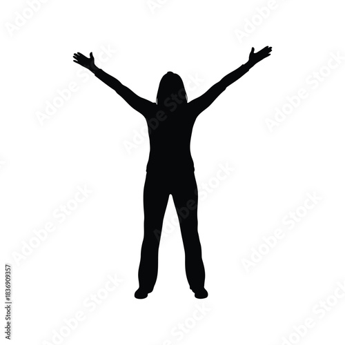 Woman standing with arms raised silhouette, victory and success gesture, freedom and praise vector