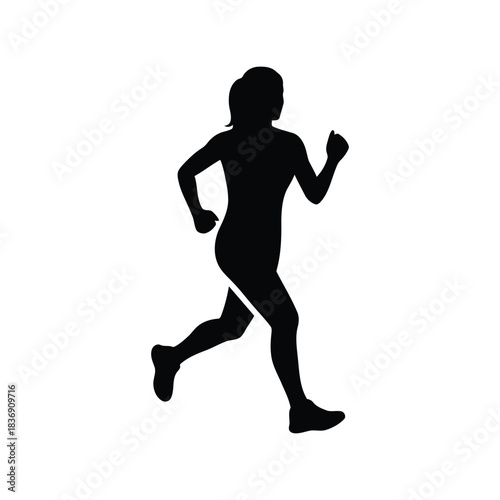 Female runner vector silhouette, young woman jogging, healthy lifestyle and fitness exercise icon, isolated black graphic EPS