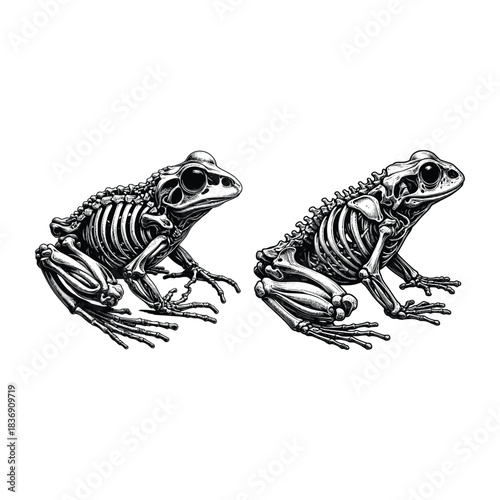 Detailed hand drawn vector illustration of a frog skeleton in black and white