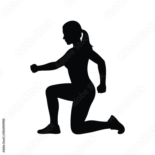 Woman performing lunge exercise vector silhouette, fitness training and workout icon, healthy body lifestyle isolated black graphic EPS