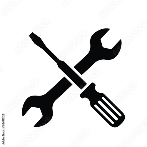 Crossed wrench and screwdriver tool vector icon, mechanic service, maintenance and technical repair symbol, isolated black graphic EPS