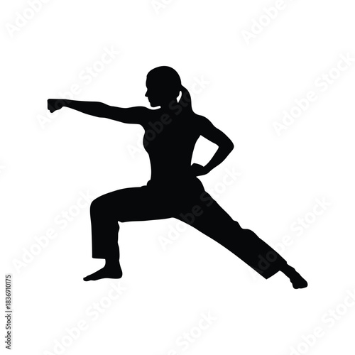 Female martial artist punch vector silhouette, karate or kung fu combat stance, fitness training icon, isolated black graphic EPS