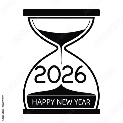 Hourglass with 2026 and Happy New Year text Keywords: 2026, hourglass, time, new year, happy new