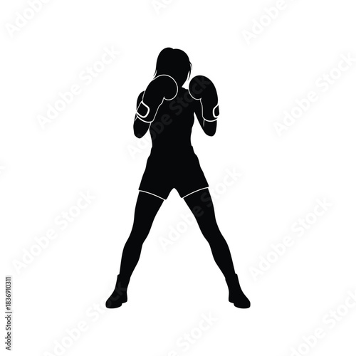 Female boxer fighting stance vector silhouette, woman wearing gloves, fitness and combat sport icon, isolated black graphic EPS