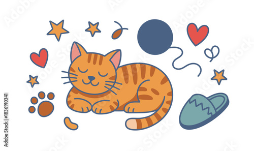 cozy winter flat icon collection featuring cute pets, sleeping cats, paw prints, yarn balls, slippers, hearts, and stars, arranged horizontally