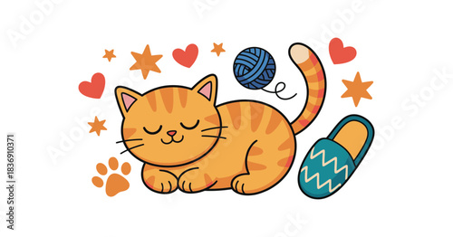 cozy winter vector illustration set of seasonal icons, including sleeping cats