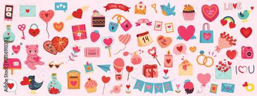 Love post office. Many various romantic objects. Saint Valentine's day big vector set. Colored retro trendy illustration. Flat design. All elements are isolated.
