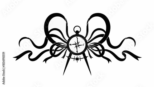 Elegant compass and dividers adorned with flowing ribbons, symbolizing direction and precision