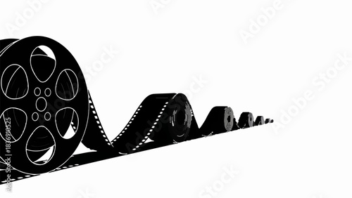 Cinematic film reel unwinding in a dynamic, flowing motion on a clean white background