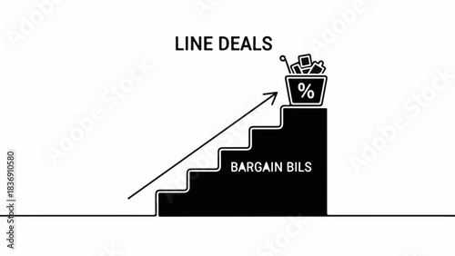Ascending stairs of bargain bills leading to a basket of deals and discounts