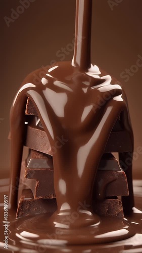 Chocolate brownie pieces covered with hot chocolate sauce on dark brown background, isolated studio photo. Pantone 2025, color of the year - Mocha Mousse. Horizontal background for advertising. 