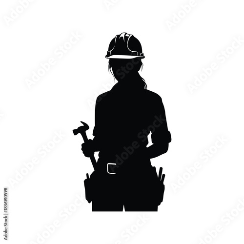 Female construction worker vector silhouette, woman in safety hard hat holding hammer, builder professional icon isolated graphic EPS