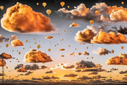 Hot air balloons among golden sunset clouds