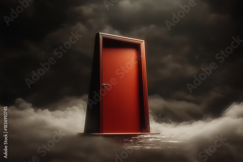 Red door in surreal cloudy dimension