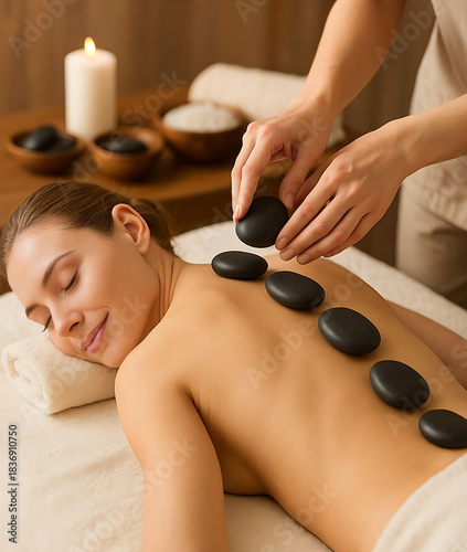 Relaxing hot stone massage at spa melting tension and soothing muscles