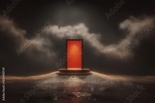 Red door on platform above dark water