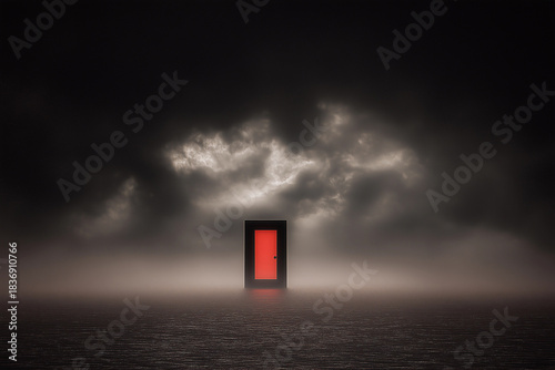 Lonely red door in misty seascape