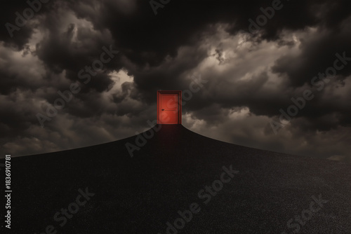 Red door at the top of dark hill