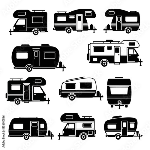 Diverse Collection of Recreational Vehicle Silhouettes A Comprehensive Set of Campervans, Caravans, and Motorhome Icons for Travel and Outdoor Adventure Designs