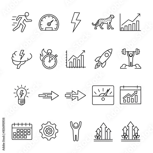 Vector line icons depicting business growth, speed, performance, innovation, and strategic success. Ideal for illustrating progress, efficiency, and development
