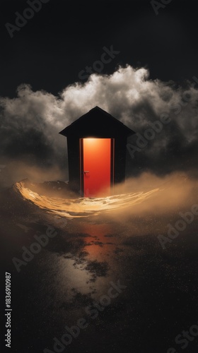 Red glowing door in foggy surreal landscape