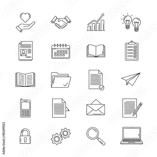A comprehensive collection of outline business and office management icons, featuring finance, communication, strategy, document, and data processing symbols for modern digital projects